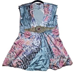 Sky 100% Silk Women's Medium Blouse Deep V-Neck Metal Detail Floral Y2K Festival